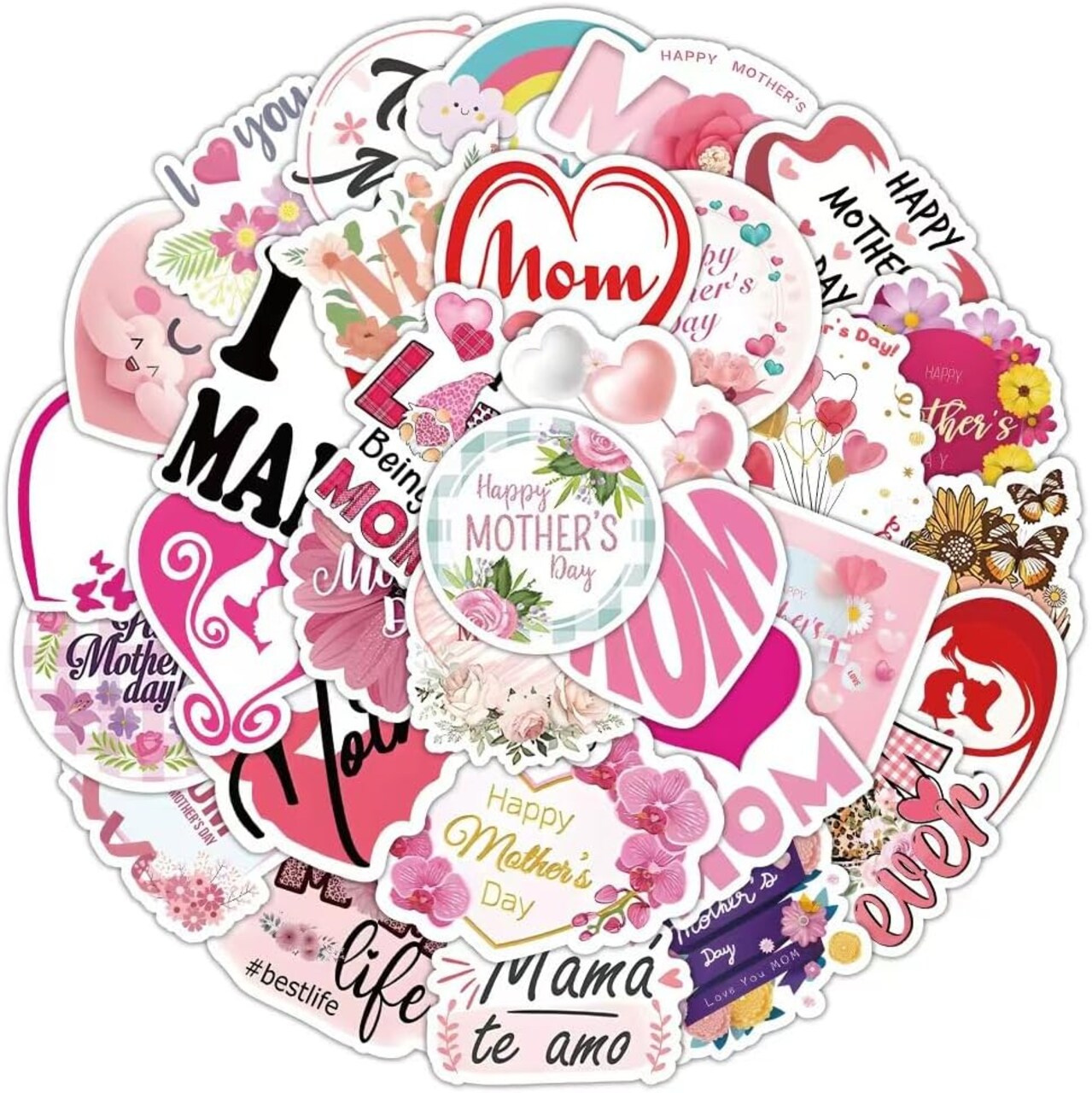 Mother's Day Stickers, 50 pcs Waterproof Colorful Water Bottle Sticker, Suitable for Laptops, Books Skateboards Luggage Sticker Phone Case Guitar for Mom